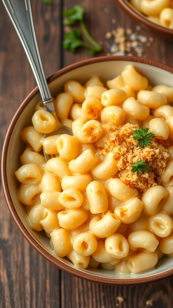 Creamy Mac and Cheese Recipe A bowl of creamy mac and cheese with elbow macaroni and golden breadcrumb topping on a rustic table.